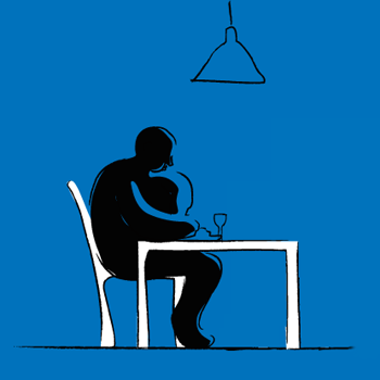 Obese person having a meal alone with blue background