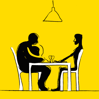 Obese and anorexic person having a meal together with a yellow background